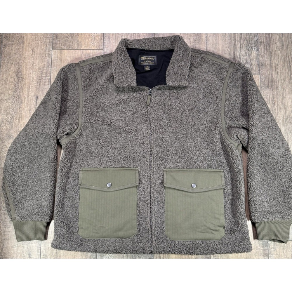 American Eagle Military Green Y2K Reverse Sherpa Men's Zip Up Coat Jacket XL